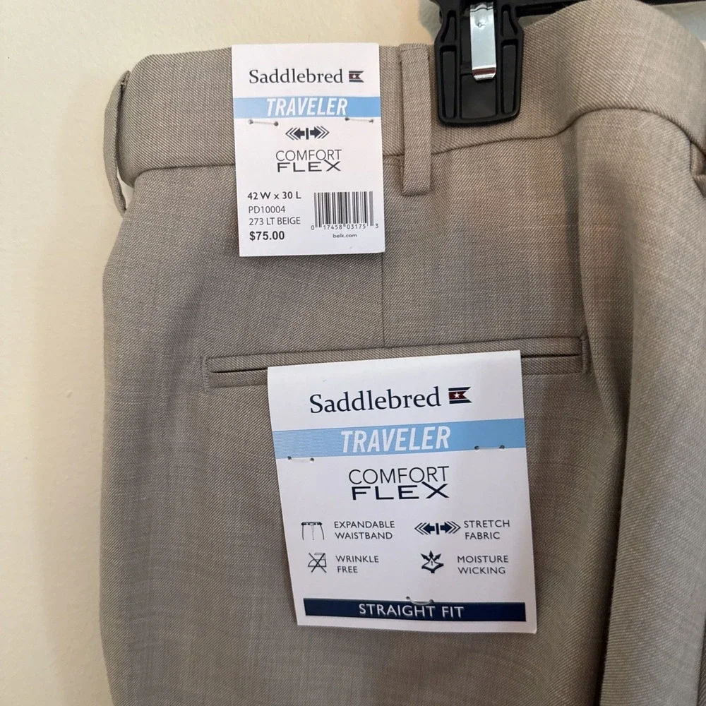 Saddlebred Dress Pants Mens 42x30 Beige Traveler Comfort Flex Straight Fit